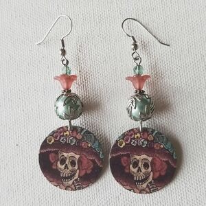 Handmade Beaded Day of The Dead Skeleton Pink and Blue Floral Earrings